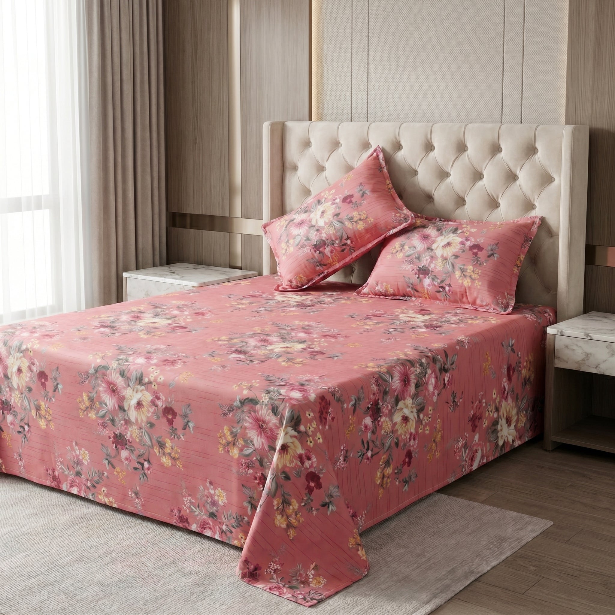 PINK FLORAL BEDSHEET SET 3 PCS